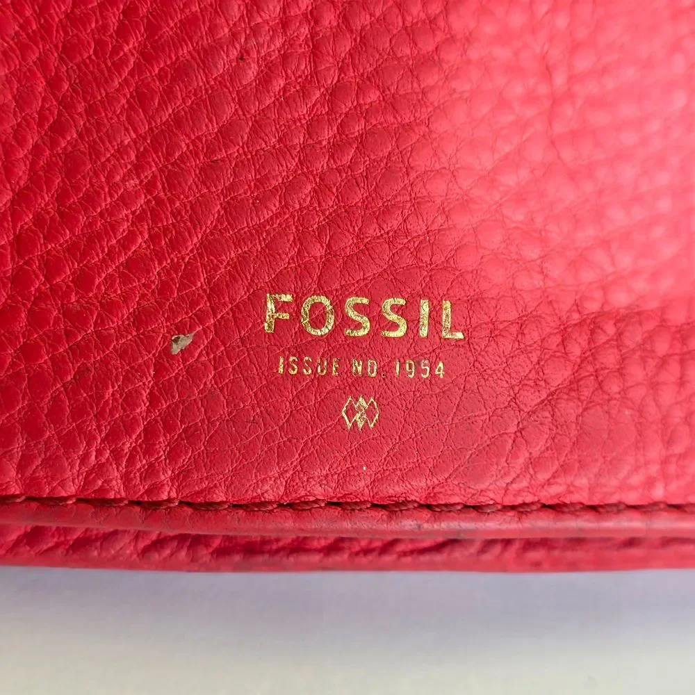 Fossil Red Pebbled Leather Wallet Clutch Card‎ Holder Zip Around Organizer Snap